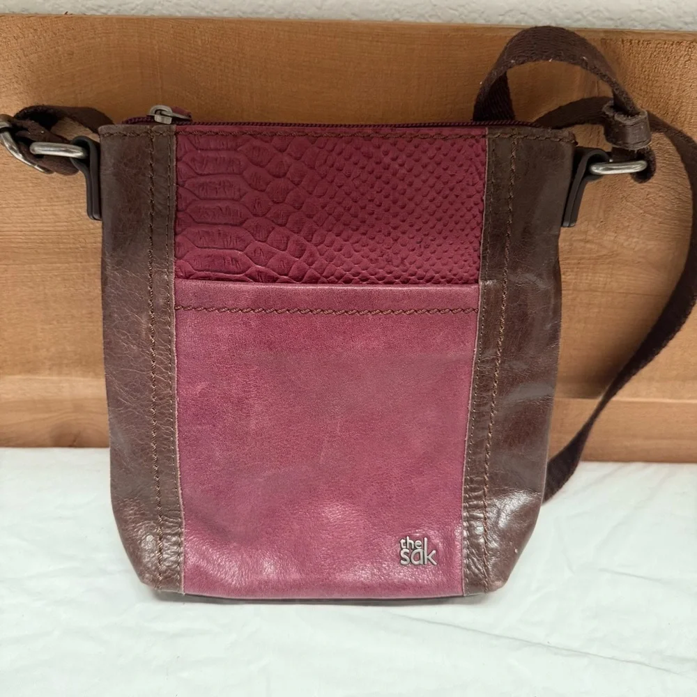 The Sak Burgundy and Brown Leather Messenger Bag